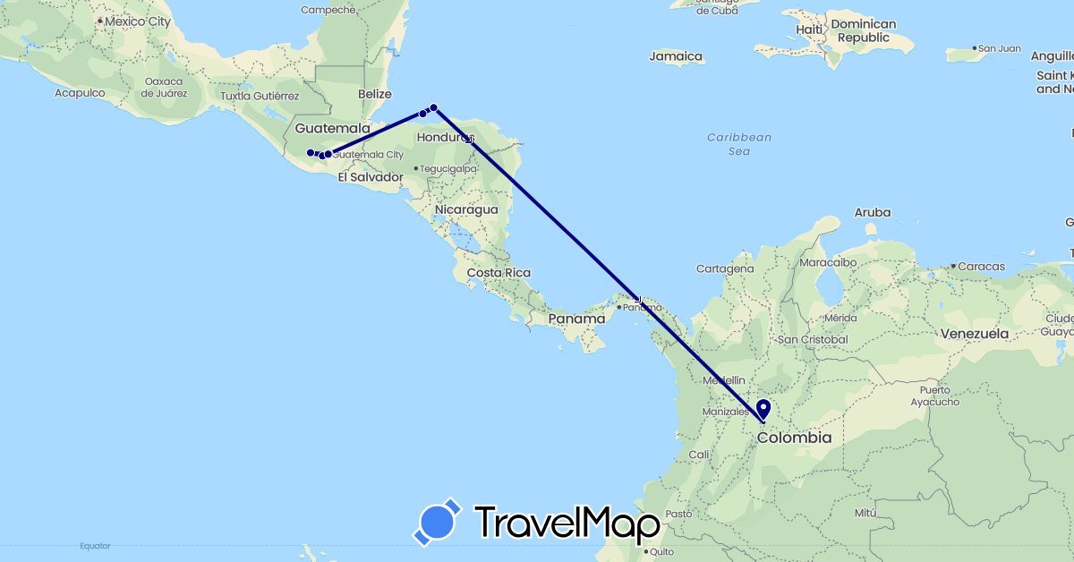 TravelMap itinerary: driving in Colombia, Guatemala, Honduras (North America, South America)